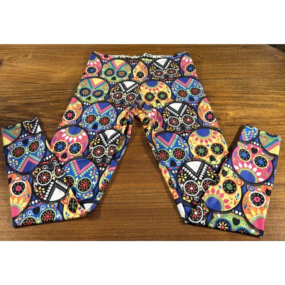 Brave New Look Sugar Skull Leggings Womens Size Large Black Made USA Colorful
